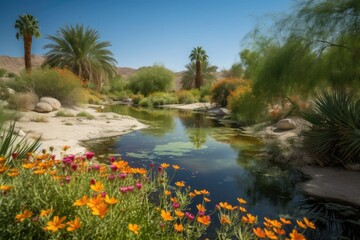 desert oasis in bloom, with colorful blooms and vibrant foliage, created with generative ai