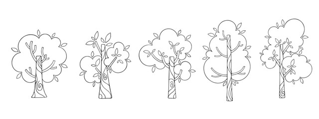 Linear sketches, coloring of various trees. Vector graphics.