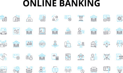Online banking linear icons set. Secure, Convenient, Accessible, Mobile, Digital, Efficient, Safe vector symbols and line concept signs. Trusrthy,Fast,Reliable illustration
