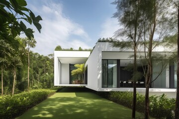 minimalist home, with view of nature in the background, brings peace and serenity to its residents, created with generative ai