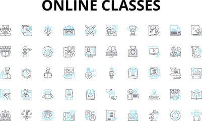 Online classes linear icons set. Virtual, Remote, Digital, E-learning, Web-based, Teleconferencing, Cyberlearning vector symbols and line concept signs. Internet-based,Distance,Webinars illustration