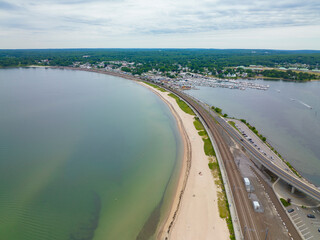 Niantic Beach and Boardwalk aerial view in a cloudy day between Niantic River and Niantic Bay in village of Niantic, East Lyme, Connecticut CT, USA. 