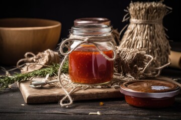 homemade preserves in a rustic jar with twine and tag, created with generative ai