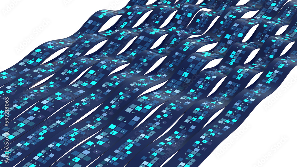 Poster Data stream. Data flow 3D illustration, coding and software development. Twisted strings of data in abstract cyberspace