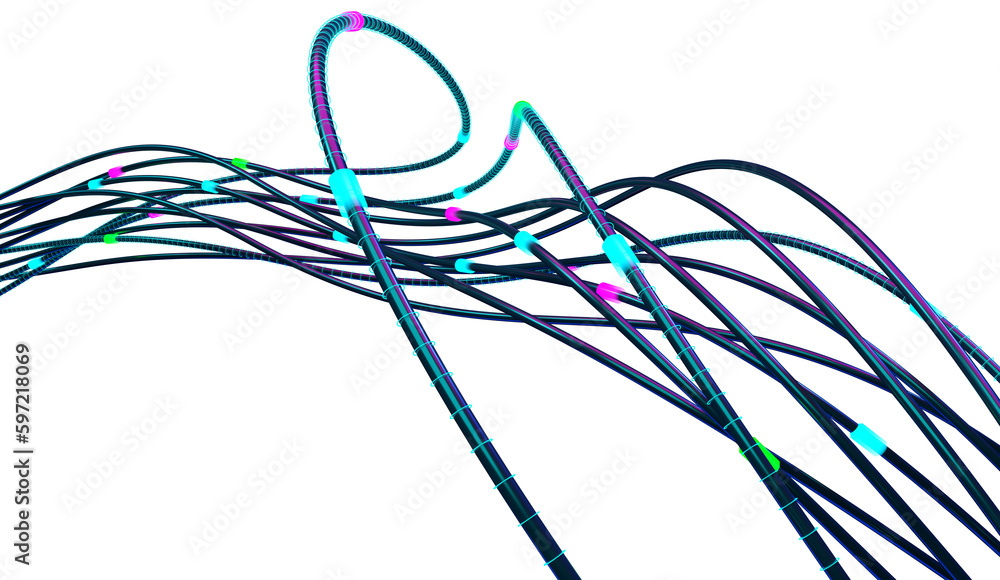 Poster Data stream. Data flow 3D illustration, coding and software development. Twisted strings of data in abstract cyberspace
