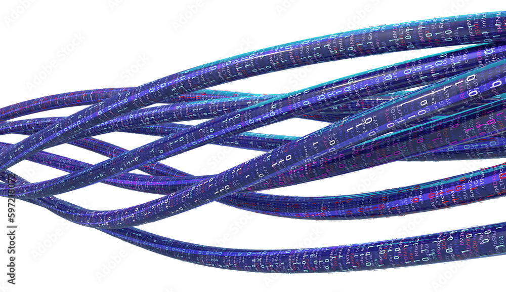 Poster Data stream. Data flow 3D illustration, coding and software development. Twisted strings of data in abstract cyberspace