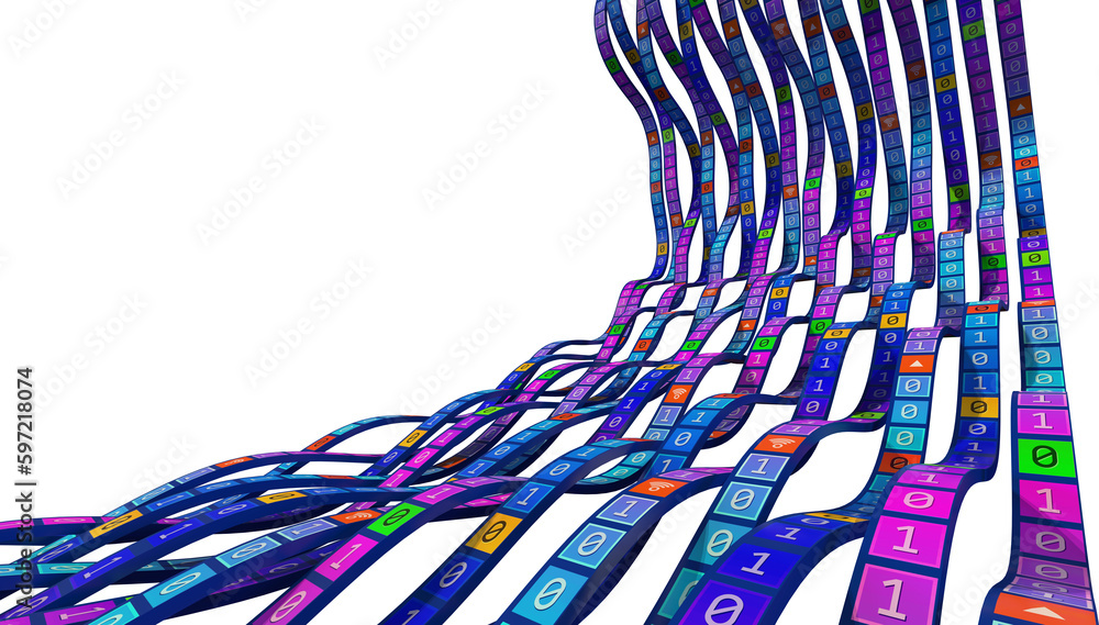 Poster Data stream. Data flow 3D illustration, coding and software development. Twisted strings of data in abstract cyberspace