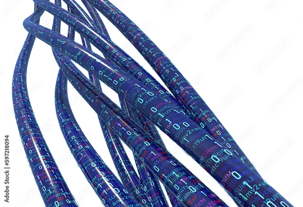 Poster Data stream. Data flow 3D illustration, coding and software development. Twisted strings of data in abstract cyberspace