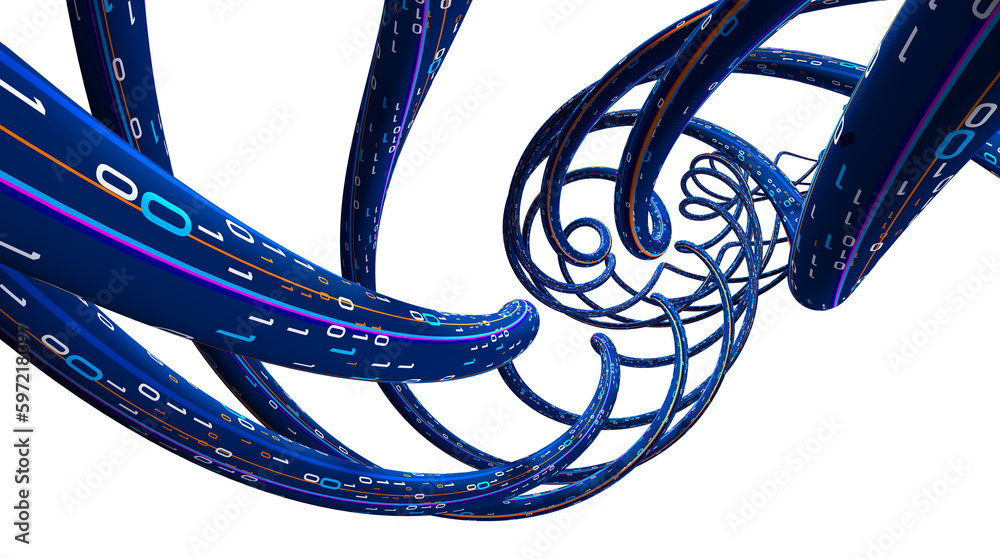 Poster Data stream. Data flow 3D illustration, coding and software development. Twisted strings of data in abstract cyberspace