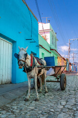 Horse-drawn carriage in the alleys and historic districts of Trinidad with the San Francisco de Asis church