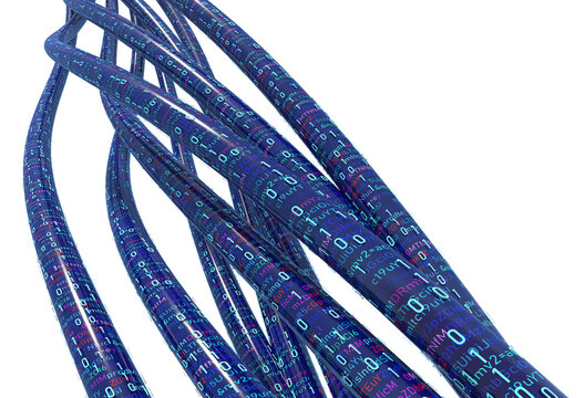 Data stream. Data flow 3D illustration, coding and software development. Twisted strings of data in abstract cyberspace