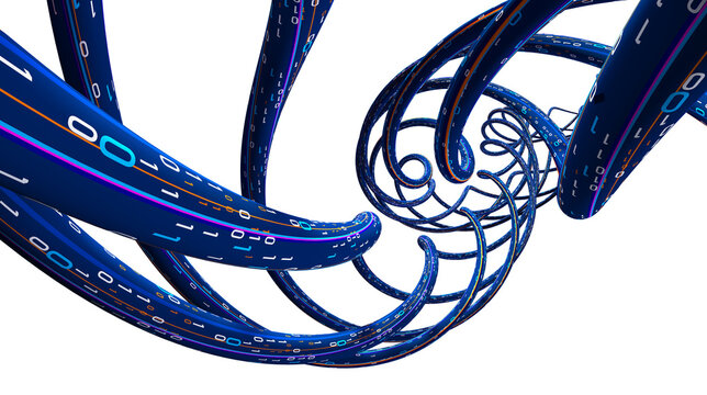 Data stream. Data flow 3D illustration, coding and software development. Twisted strings of data in abstract cyberspace