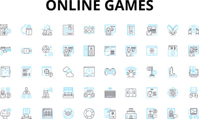 Online games linear icons set. Gaming, Multiplayer, Virtual, Adventure, Action, Strategy, Simulation vector symbols and line concept signs. Role-playing,Fantasy,Sports illustration