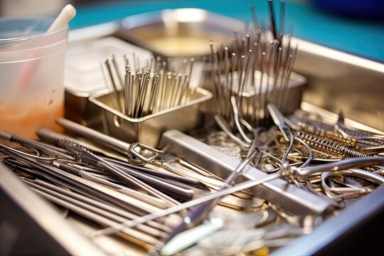 close-up of surgical instruments being sterilized for a, created with generative ai