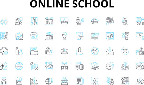 online school linear icons set. Distance, Web-based, Virtual, Remote, E-learning, Digital, Cyber vector symbols and line concept signs. Internet,WLAN,Webinar illustration