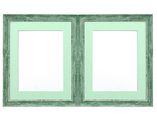 Twin photo frame with space for two pictures or photos. Green wooden texture.