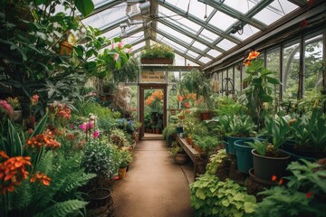 Fototapeta na wymiar greenhouse filled with lush, tropical plants and flowers, created with generative ai