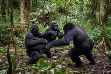 gorilla family playing and wrestling in warm forest, created with generative ai - obrazy, fototapety, plakaty