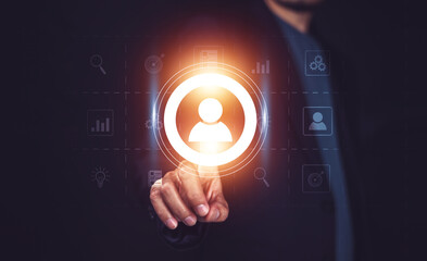 Businesspeople touching on screen to target customer. Target customer, buyer persona, customer...