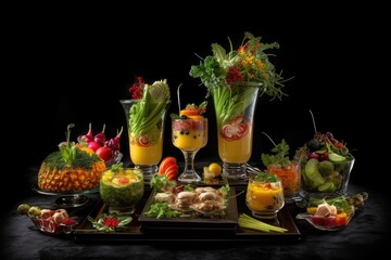 Obraz na płótnie Canvas food presentation, with beautifully arranged food on a black background, created with generative ai