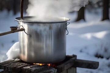 close-up of maple sap evaporator, with steam rising from the boiling sap, created with generative ai - obrazy, fototapety, plakaty