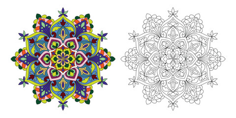Fototapeta na wymiar Decorative ornamental hand-drawn detailed mandala design coloring page illustration 