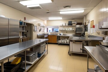 high-volume kitchen in hospital or school, with staff and supplies ready for busy day, created with generative ai