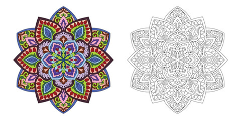 Decorative floral mehndi design style coloring book page illustration hand drawn