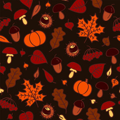 Fototapeta na wymiar Hand drawn seamless autumn doodle pattern on dark background.