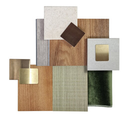 interior design samples for architecture decoration consists wooden vinyl flooring tiles, stone tile, quartz, gold stainless, veneer, green velvet drapery isolated on background with clipping path.