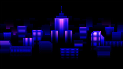 Obraz premium Beautiful night metropolis on a black background. Dark city with skyscrapers and tower. Horizontal vector illustration.