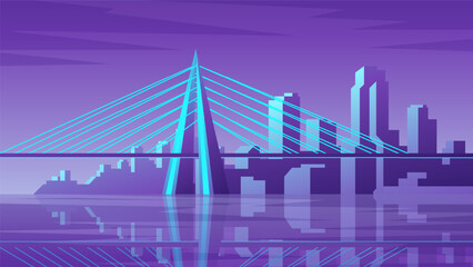 Fototapeta premium Big bridge on abstract skyscraper building background. Horizontal evening city illustration.