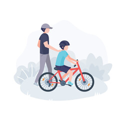Dad teaches child to ride a bike. Vector characters isolated on white background.