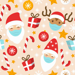 Vector seamless christmas pattern. Cute Santa Ñlaus and deer in protective face mask on festive elements background.