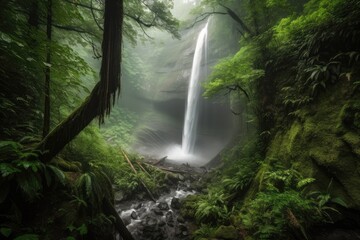 majestic waterfall, with misty spray and the sound of rushing water, surrounded by lush forest, created with generative ai