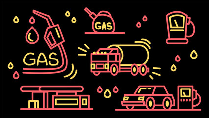 Neon gas and petrol filling elements isolated on black background. Car refueling, petrol stations, oil fuel.