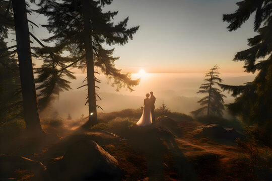 Silhouettes of the bride and groom at sunset in the mountains, Generative AI