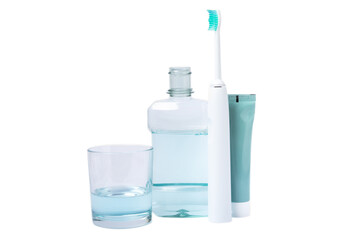 Electric toothbrush, toothpaste, mouthwash, dental floss and tongue cleaner isolated on white...