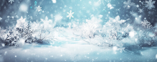 winter snow background with snowdrifts, silver decorative snowflake ,banner format  copy space,
Abstract Winter background abstract bokeh ,Nature power antistress winter concept, Generative AI 