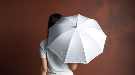Women stand with white blank umbrella opened. Template mock up isolated on color background. Female person hold clear parasol overhead. Plain surface. Generative AI.