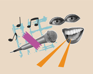 Pop art collage with megaphone and grunge singer. Retro composition. Club party poster, podcast, karaoke, magazine. Y2K, 80s, 90s style. Psychedelic, surreal art. Lips and eyes in parted