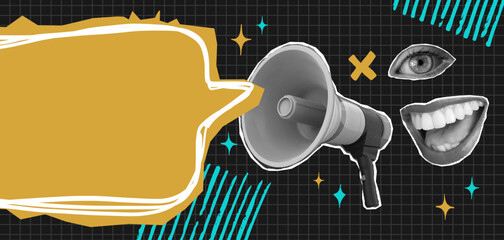 Pop art collage with megaphone. Loudspeaker announcing crazy promotions. Retro composition. Y2K, 80s, 90s style. Psychedelic, surreal art. Discounts vector grunge banner - obrazy, fototapety, plakaty