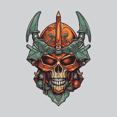 Skull with horns and viking helmet vector illustration. Design for tattoo, t-shirt or print