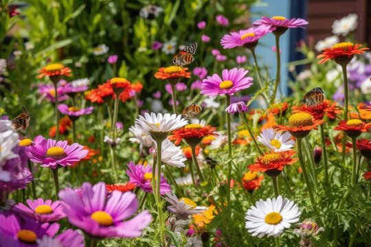 close-up of vibrant garden, with bees and butterflies fluttering among the blooms, created with generative ai