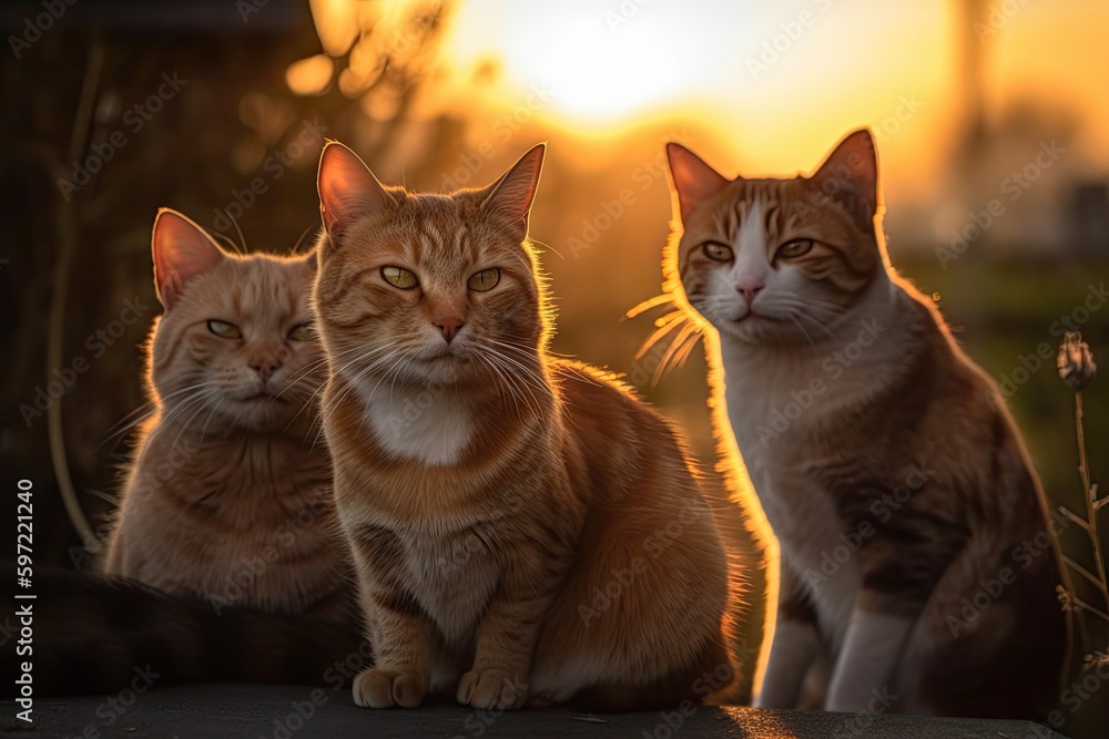 Wall mural sunset, with the sun setting behind a group of cats, their eyes shining in the light, created with generative ai