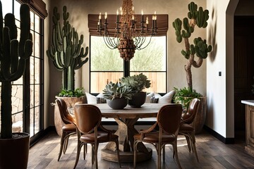 natural wood dining room with table and chairs, chandelier, and potted plants, created with generative ai