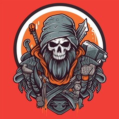Grim reaper with axes and skull in the helmet. Vector illustration