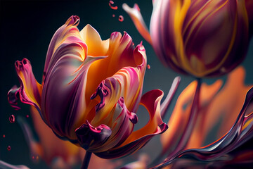 Abstract spring tulips. Luxurious fluid fluid art flowers. Created with Generative AI technology