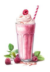 Watercolor illustration of a raspberry milkshake on white background. Generative AI.