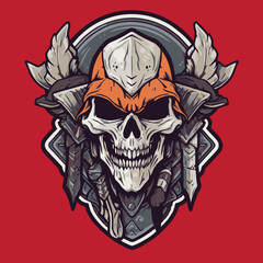 Vector illustration of a viking skull with wings and helmet on red background